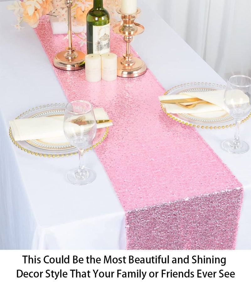 ShiDianYi Fuchsia Pink Sequin Table Runner - 12x72-Inch Glitz Cloth/Overlay for Party Decoration, Event Decor - Glitter Fabric Rose Pink Baby Shower Runner - Image 5